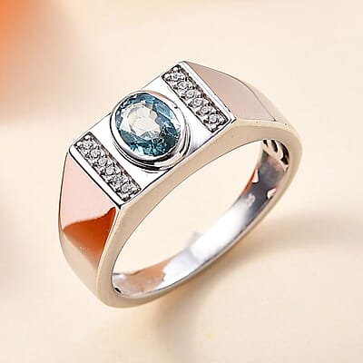 Cambodian Blue Zircon and White Zircon Men's Ring in Platinum Over Sterling Silver (Size 10.0) 1.35 ctw