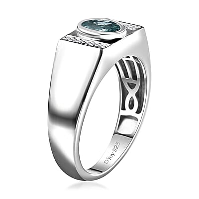 Cambodian Blue Zircon and White Zircon Men's Ring in Platinum Over Sterling Silver (Size 10.0) 1.35 ctw