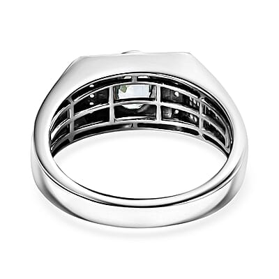 Cambodian Blue Zircon and White Zircon Men's Ring in Platinum Over Sterling Silver (Size 10.0) 1.35 ctw