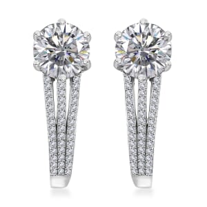 Moissanite and Kagem Zambian Emerald Earrings in Platinum Over Sterling Silver 4.00 ctw