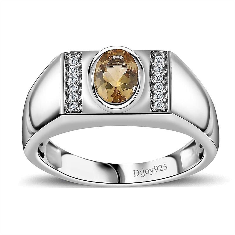 Brazilian Heliodor and White Zircon Men's Ring in Platinum Over Sterling Silver (Size 10.0) 0.85 ctw