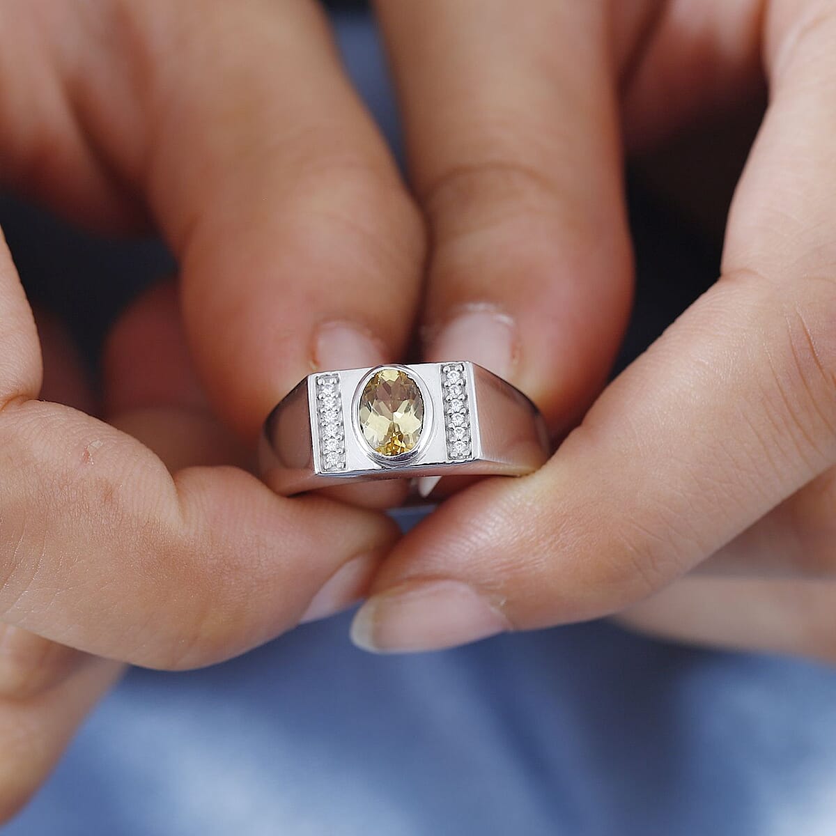 Brazilian Heliodor and White Zircon Men's Ring in Platinum Over Sterling Silver (Size 14.0) 0.85 ctw image number 2