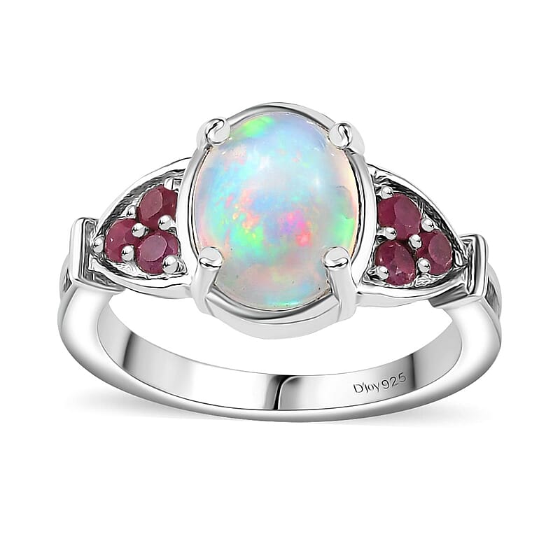 Premium Ethiopian Welo Opal and Niassa Ruby (FF) Ring in Platinum Over Sterling Silver (Size 10.0) 1.50 ctw
