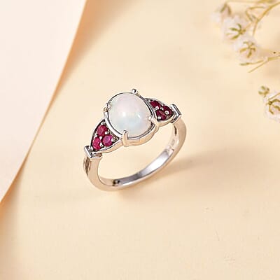 Premium Ethiopian Welo Opal and Niassa Ruby (FF) Ring in Platinum Over Sterling Silver (Size 10.0) 1.50 ctw