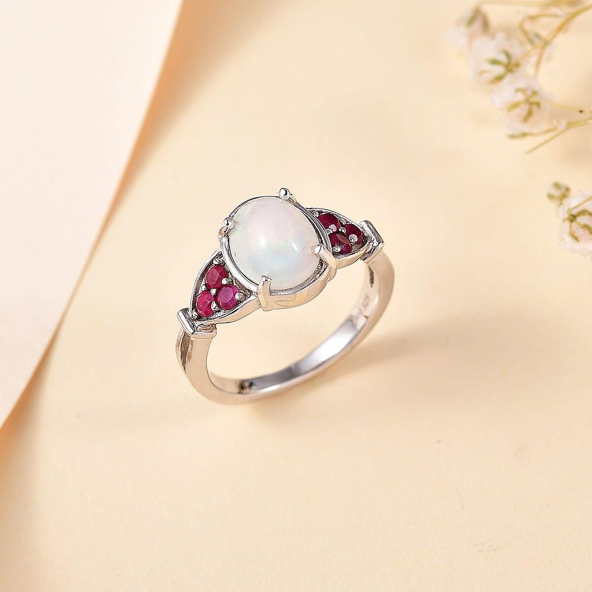 Premium Ethiopian Welo Opal and Niassa Ruby (FF) Ring in Platinum Over Sterling Silver (Size 5.0) 1.50 ctw image number 1