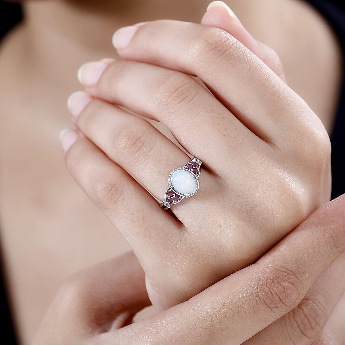 Premium Ethiopian Welo Opal and Niassa Ruby (FF) Ring in Platinum Over Sterling Silver (Size 5.0) 1.50 ctw image number 2