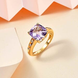 Premium Rose De France Amethyst and White Zircon 4.32 ctw Solitaire Ring in 18K Vermeil Yellow Gold Over Sterling Silver (Size 9.0)