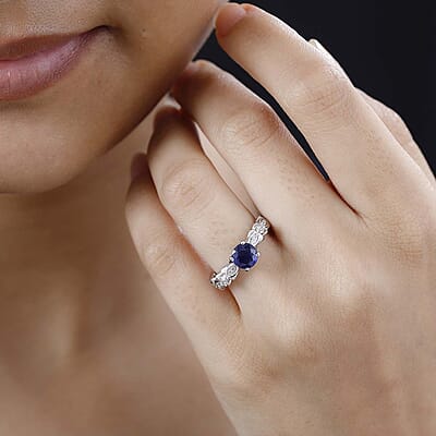 Masoala Sapphire (D) and White Zircon 1.50 ctw Ring in Rhodium Over Sterling Silver (Size 11.5)