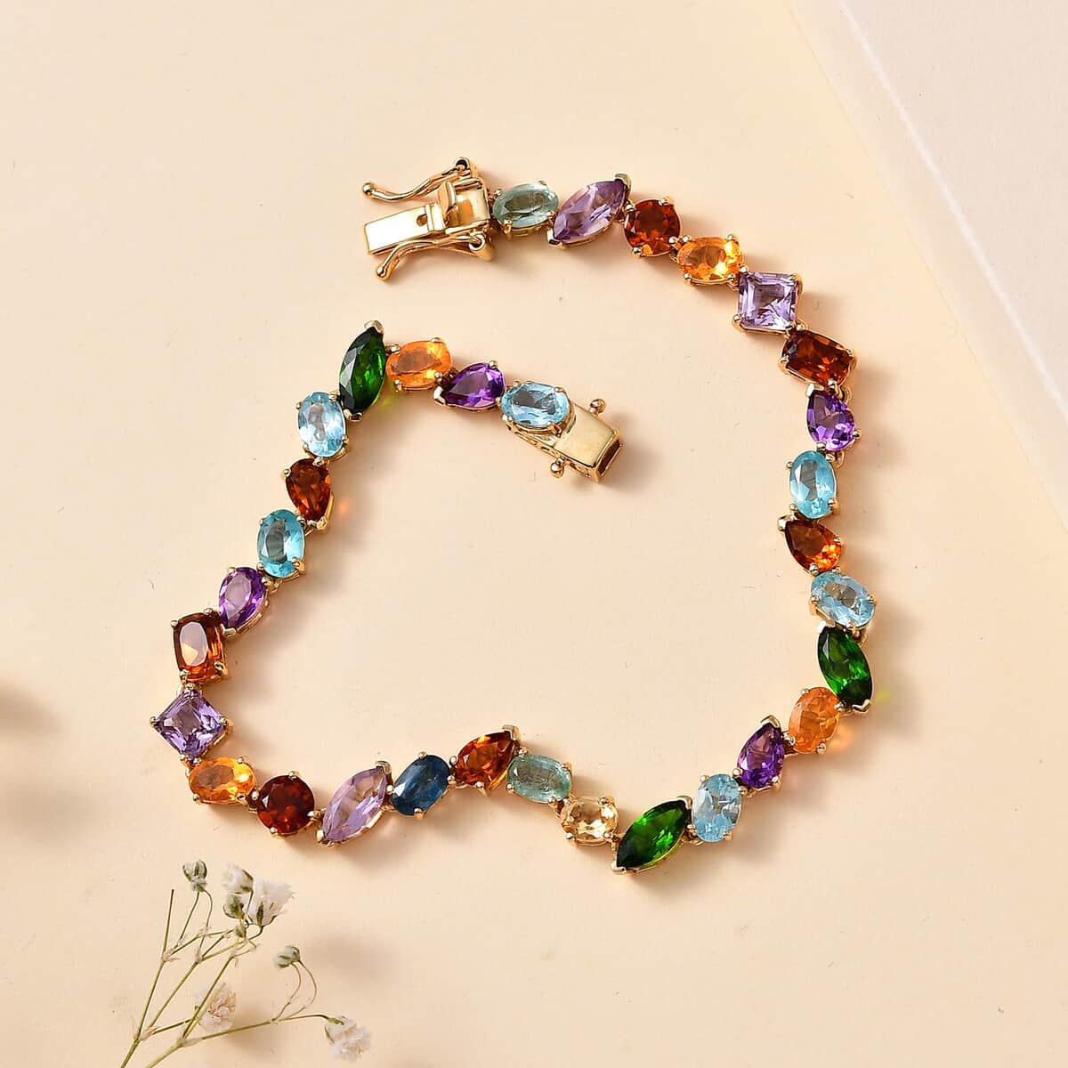 Multi Gemstone 14.85 ctw Rainbow Meadow Bracelet in Vermeil Yellow Gold Over Sterling Silver (8.00 In) image number 1