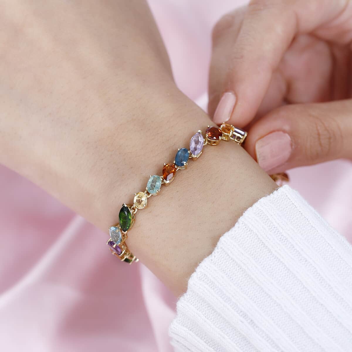 Multi Gemstone 14.85 ctw Rainbow Meadow Bracelet in Vermeil Yellow Gold Over Sterling Silver (8.00 In) image number 2