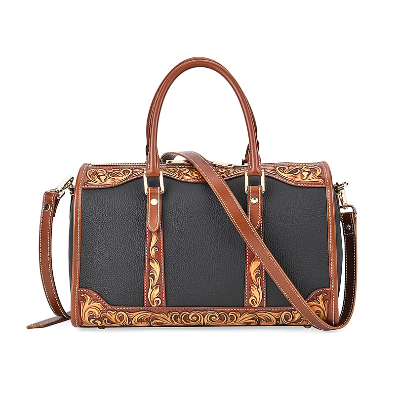 Grand Pelle Royal Collection Black with Solid Color Hand Engraving Pattern Genuine Leather Crossbody Bag with Handle Drop and Shoulder Strap