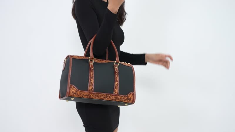 Grand Pelle Royal Collection Black with Solid Color Hand Engraving Pattern Genuine Leather Crossbody Bag with Handle Drop and Shoulder Strap