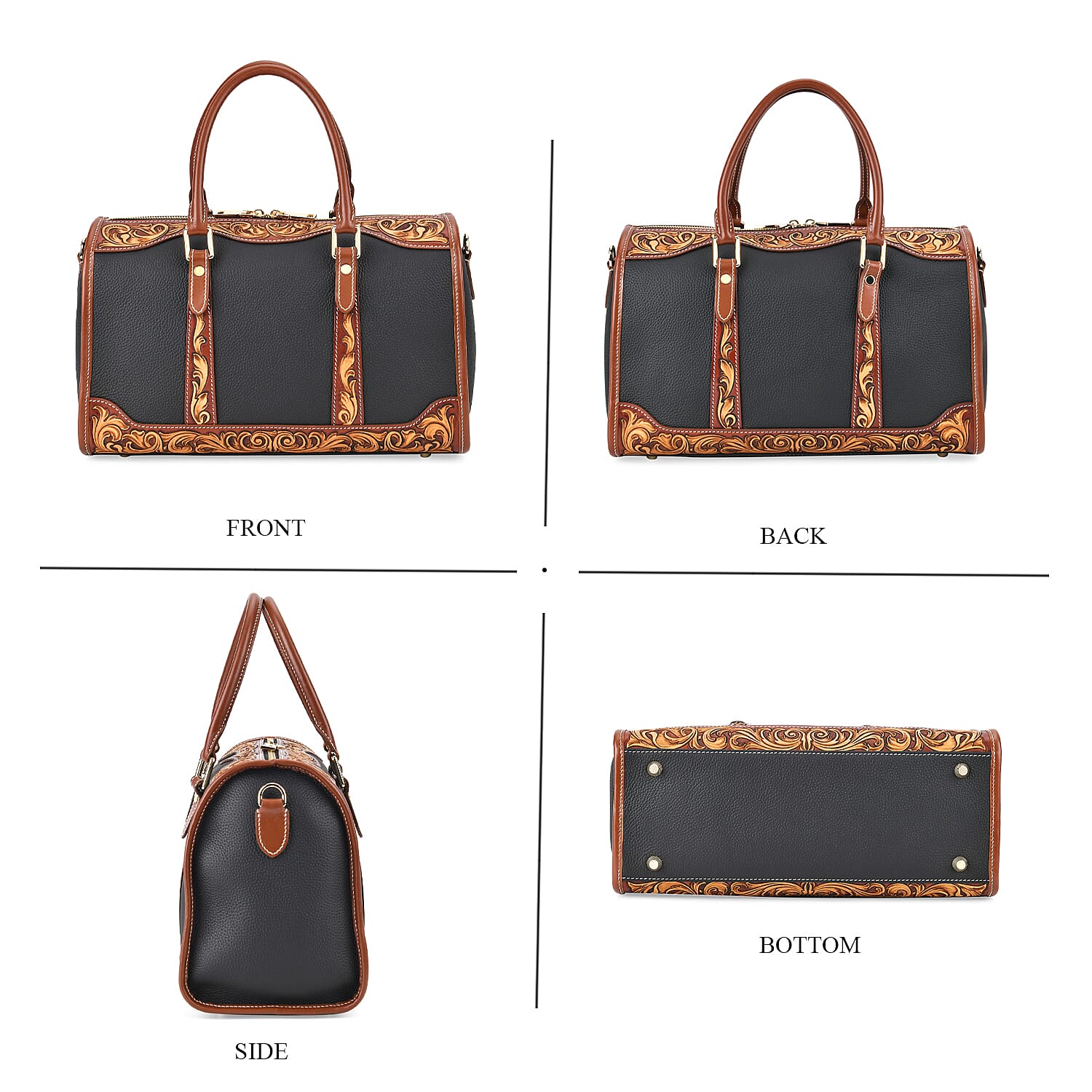 Grand Pelle Royal Collection Black with Solid Color Hand Engraving Pattern Genuine Leather Crossbody Bag with Handle Drop and Shoulder Strap