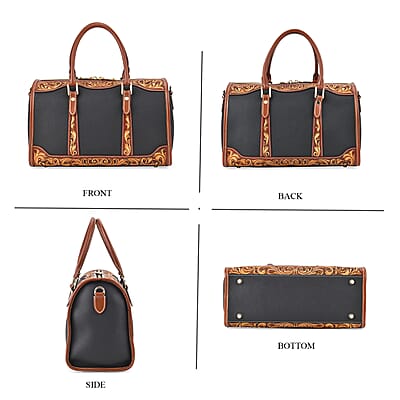 Grand Pelle Royal Collection Black with Solid Color Hand Engraving Pattern Genuine Leather Crossbody Bag with Handle Drop and Shoulder Strap