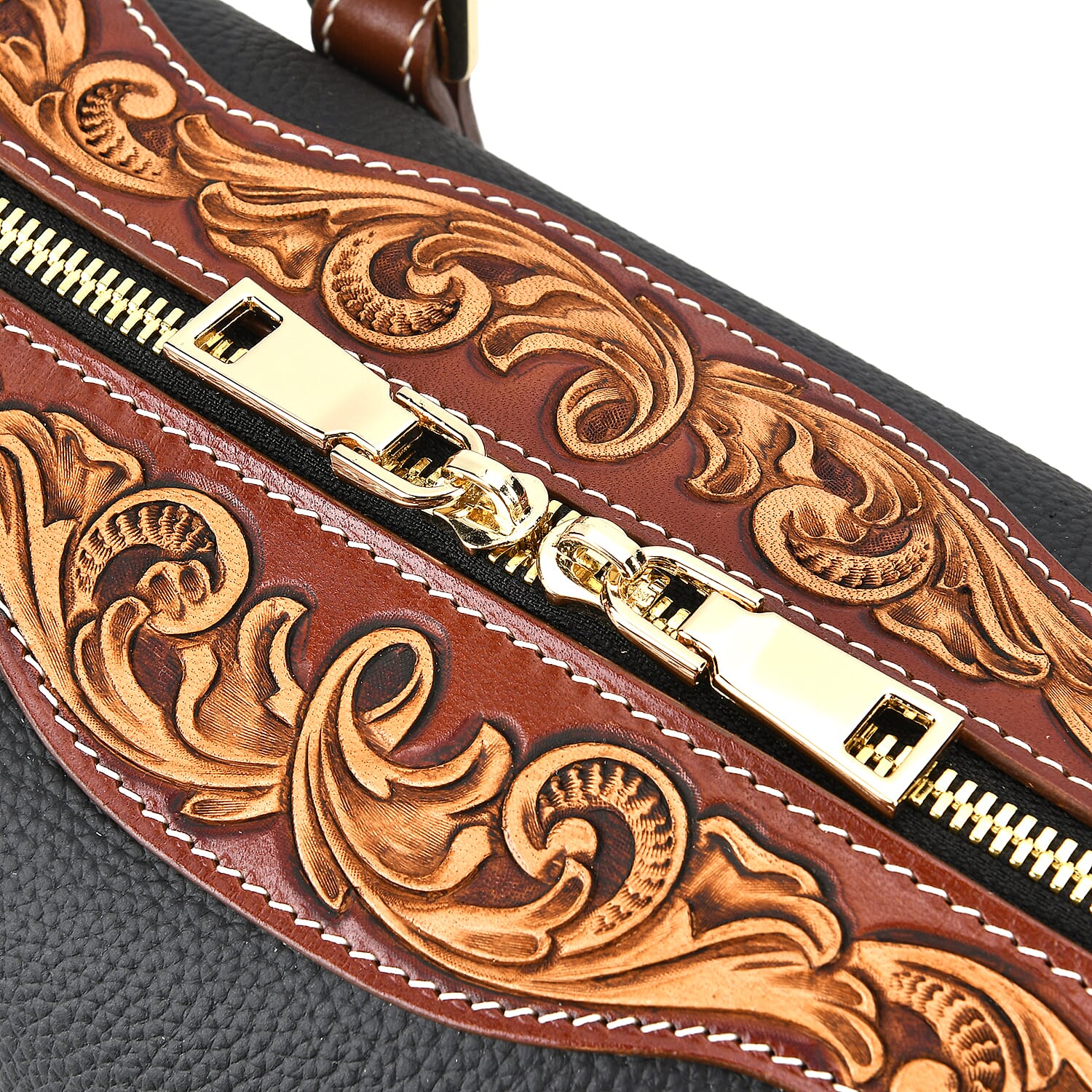 Grand Pelle Royal Collection Black with Solid Color Hand Engraving Pattern Genuine Leather Crossbody Bag with Handle Drop and Shoulder Strap