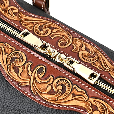 Grand Pelle Royal Collection Black with Solid Color Hand Engraving Pattern Genuine Leather Crossbody Bag with Handle Drop and Shoulder Strap