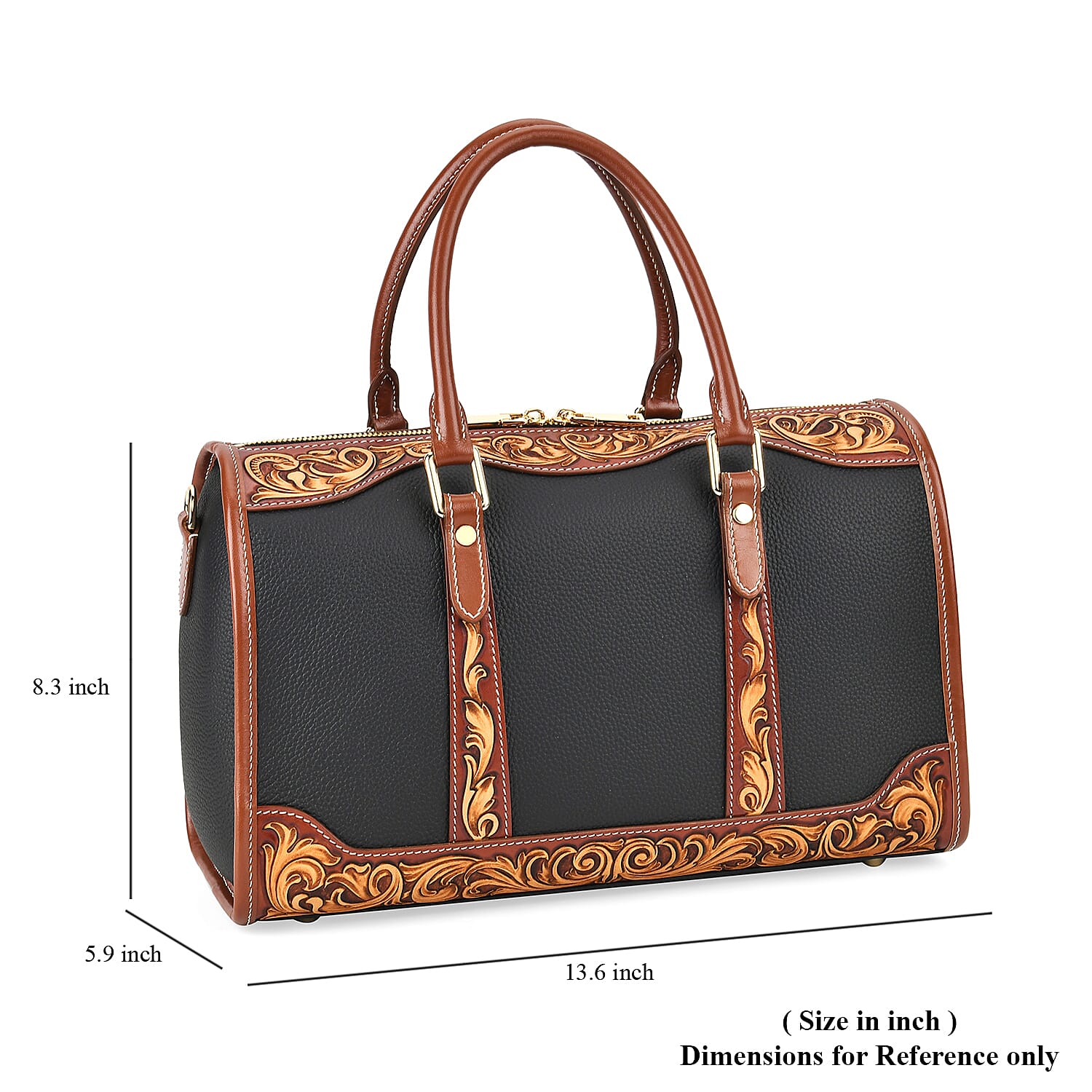 Grand Pelle Royal Collection Black with Solid Color Hand Engraving Pattern Genuine Leather Crossbody Bag with Handle Drop and Shoulder Strap