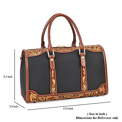 Grand Pelle Royal Collection Black with Solid Color Hand Engraving Pattern Genuine Leather Crossbody Bag with Handle Drop and Shoulder Strap