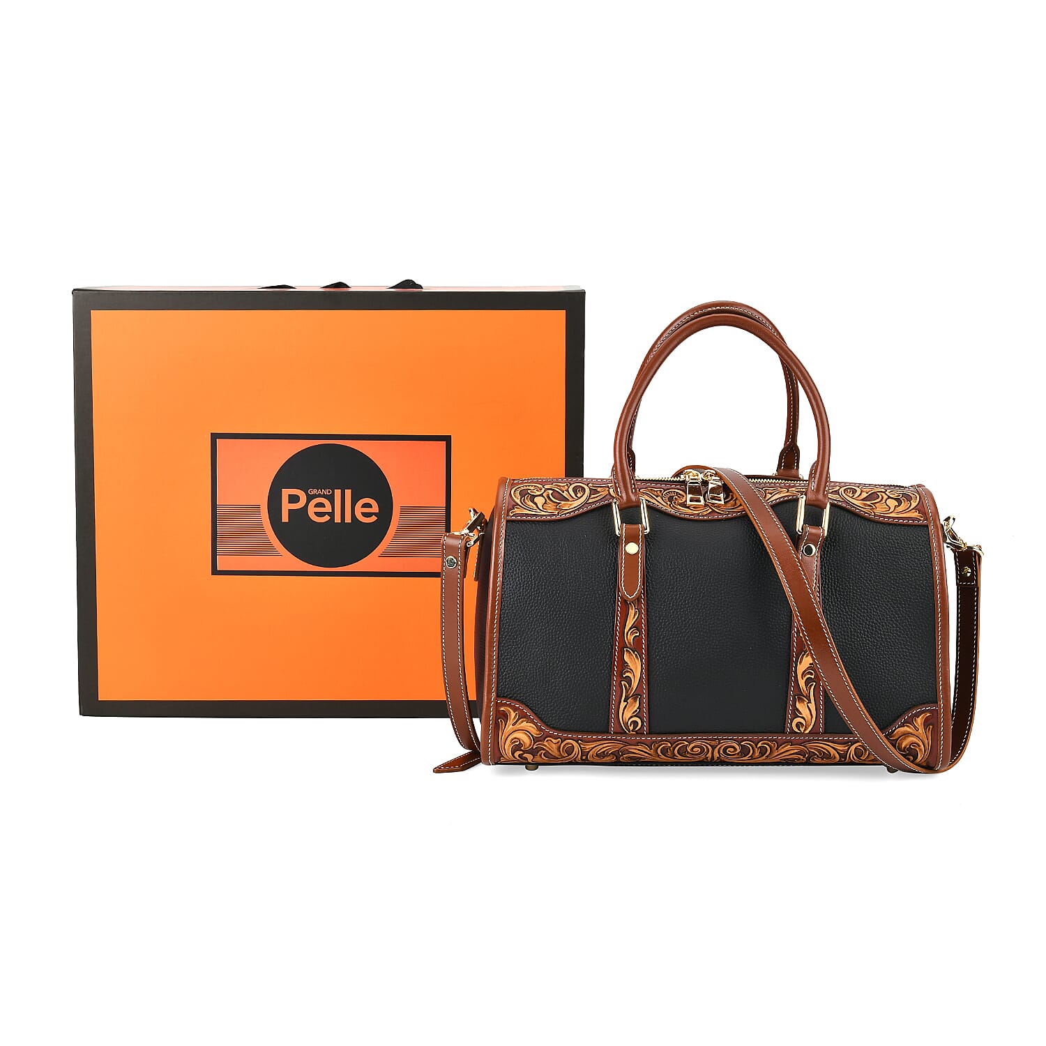 Grand Pelle Royal Collection Black with Solid Color Hand Engraving Pattern Genuine Leather Crossbody Bag with Handle Drop and Shoulder Strap