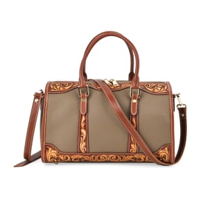 Grand Pelle Royal Collection Gray with Solid Color Hand Engraving Pattern Genuine Leather Crossbody Bag with Handle Drop and Shoulder Strap