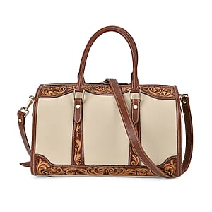 Grand Pelle Royal Collection White with Solid Color Hand Engraving Pattern Genuine Leather Crossbody Bag with Handle Drop and Shoulder Strap
