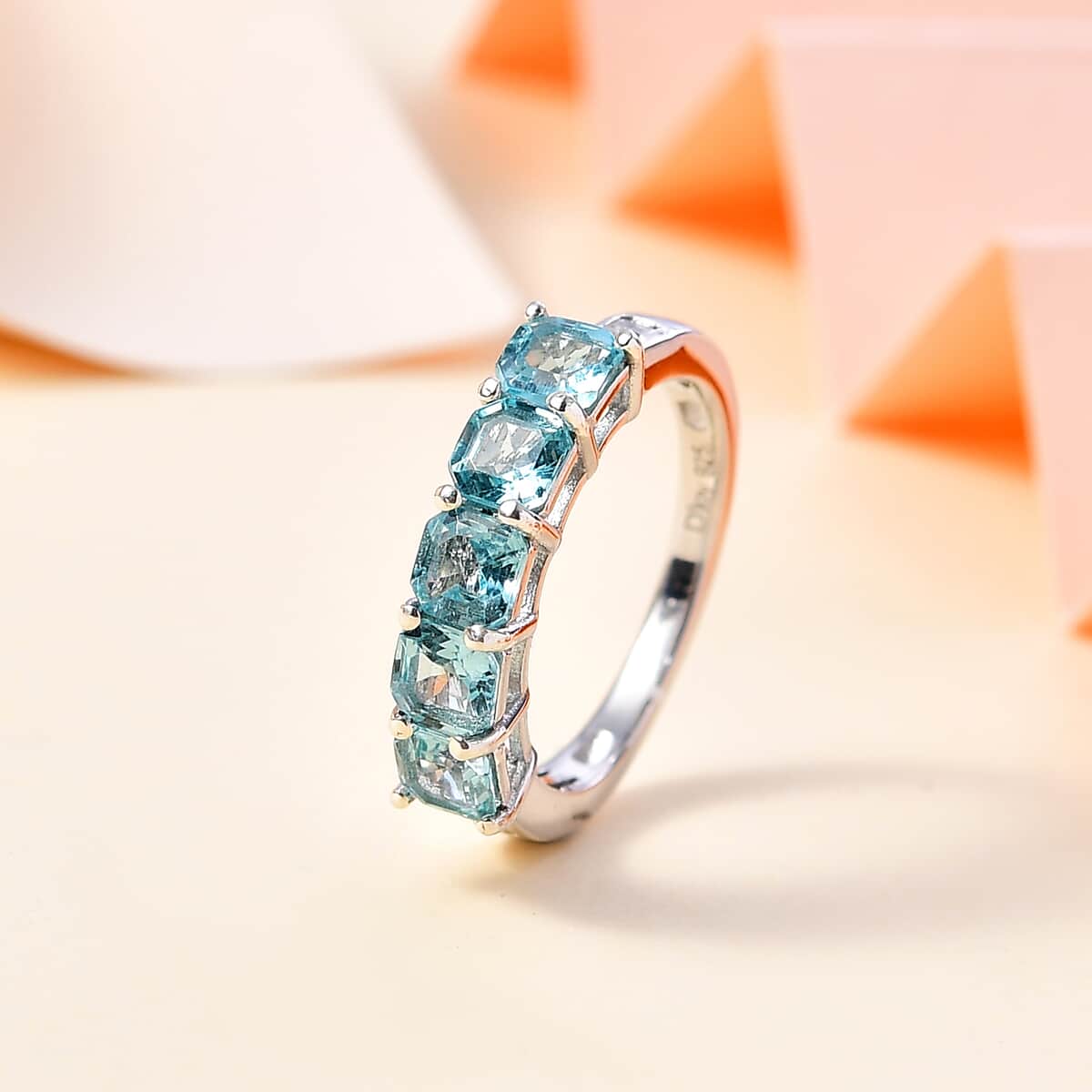 Betroka Blue Apatite and White Zircon 2.10 ctw 5 Stone Ring in Rhodium Over Sterling Silver (Size 10.0) image number 1