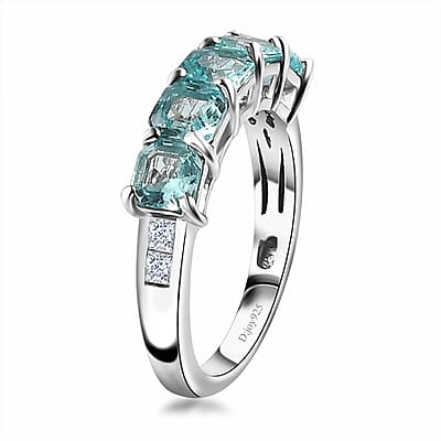 Betroka Blue Apatite and White Zircon 2.10 ctw 5 Stone Ring in Rhodium Over Sterling Silver (Size 10.0)