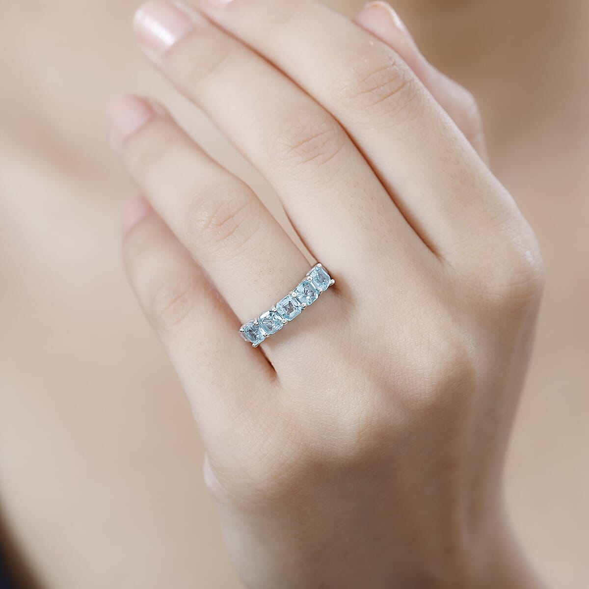 Betroka Blue Apatite and White Zircon 2.10 ctw 5 Stone Ring in Rhodium Over Sterling Silver (Size 6.0) image number 2