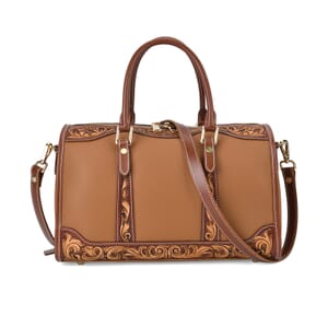 Grand Pelle Royal Collection Brown with Solid Color Hand Engraving Pattern Genuine Leather Crossbody Bag with Handle Drop and Shoulder Strap