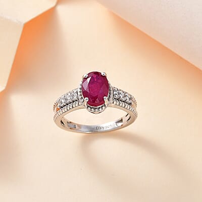Niassa Ruby (FF) and White Zircon 2.10 ctw Elegance Ring in Rhodium Over Sterling Silver (Size 10.0)