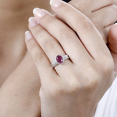 Niassa Ruby (FF) and White Zircon 2.10 ctw Elegance Ring in Rhodium Over Sterling Silver (Size 10.0)