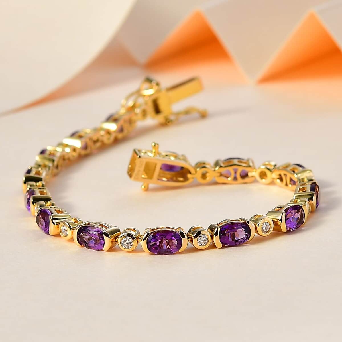 Uruguayan Amethyst and Moissanite Bracelet in Vermeil Yellow Gold Over Sterling Silver (8.00 In) 8.00 ctw image number 1