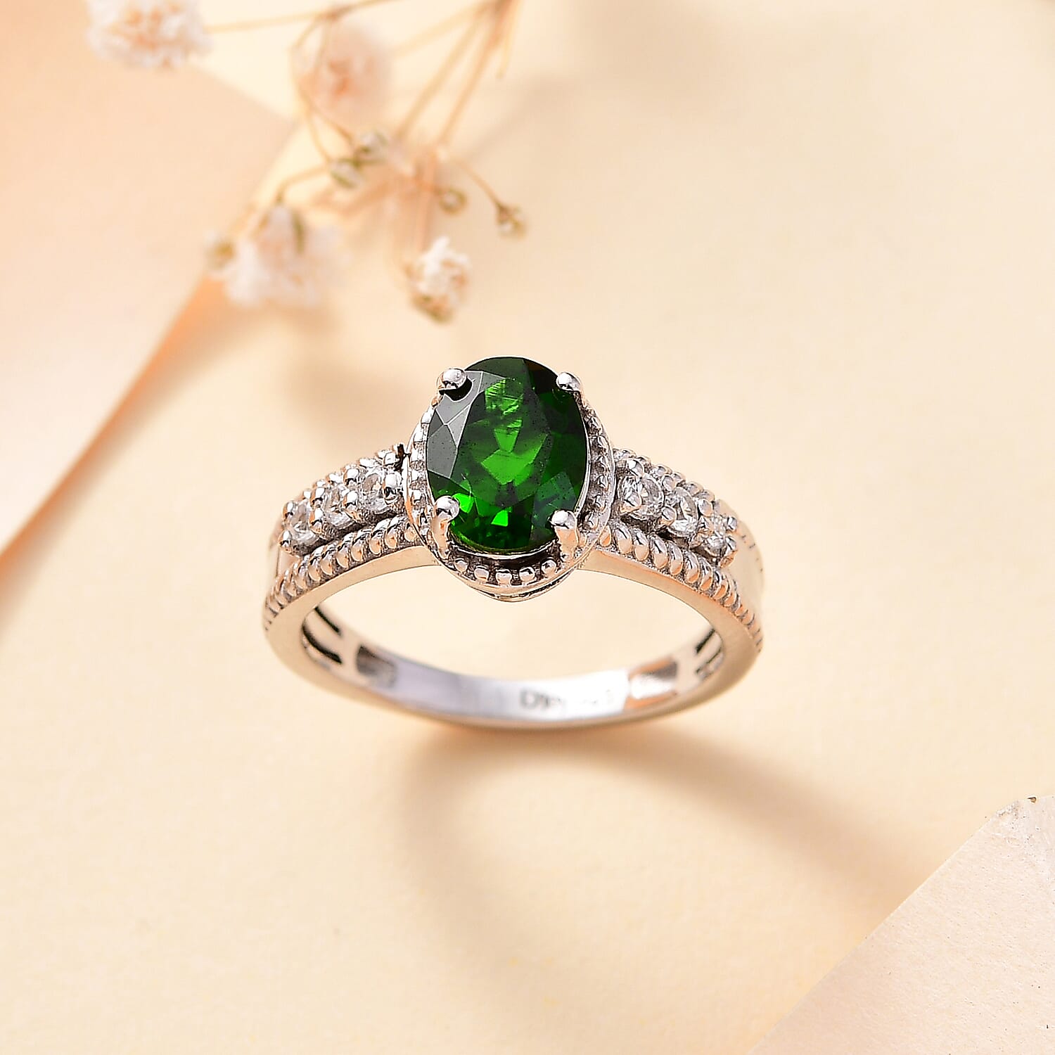 Chrome Diopside and White Zircon 1.50 ctw Elegance Ring in Rhodium Over Sterling Silver (Size 7.0)