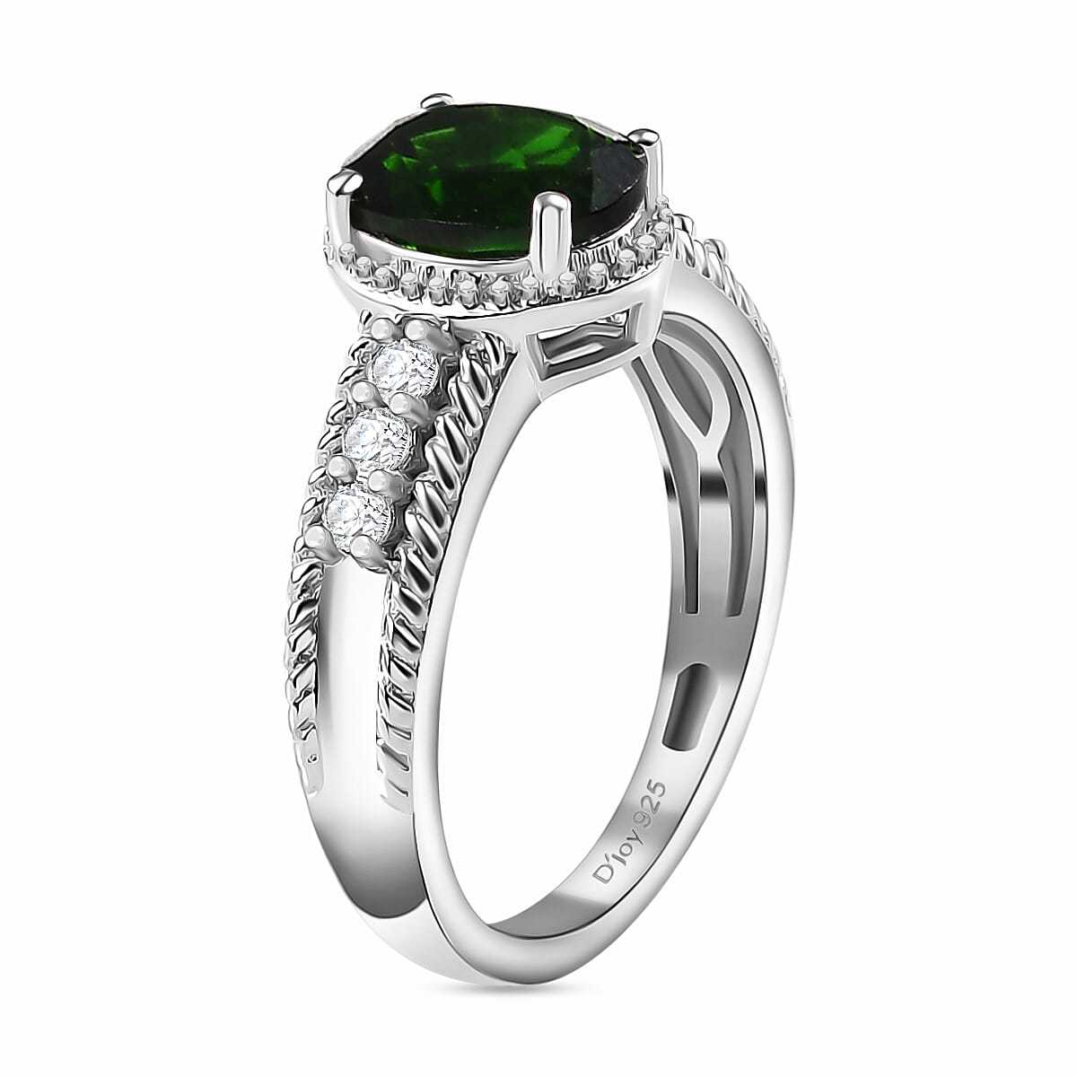 Chrome Diopside and White Zircon 1.50 ctw Elegance Ring in Rhodium Over Sterling Silver (Size 7.0)