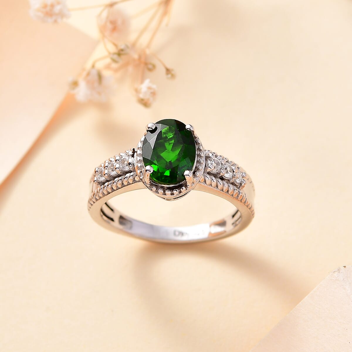 Chrome Diopside and White Zircon 1.50 ctw Elegance Ring in Rhodium Over Sterling Silver (Size 9.0) image number 1