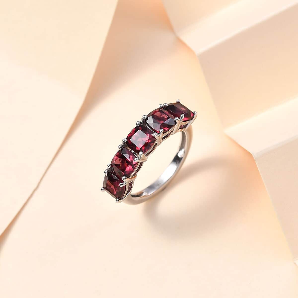 Tanzanian Wine Garnet 5 Stone Ring in Rhodium Over Sterling Silver (Size 5.0) 3.70 ctw image number 1