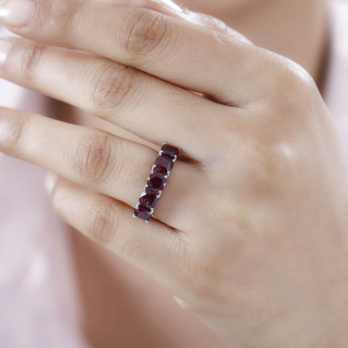 Tanzanian Wine Garnet 5 Stone Ring in Rhodium Over Sterling Silver (Size 5.0) 3.70 ctw image number 2