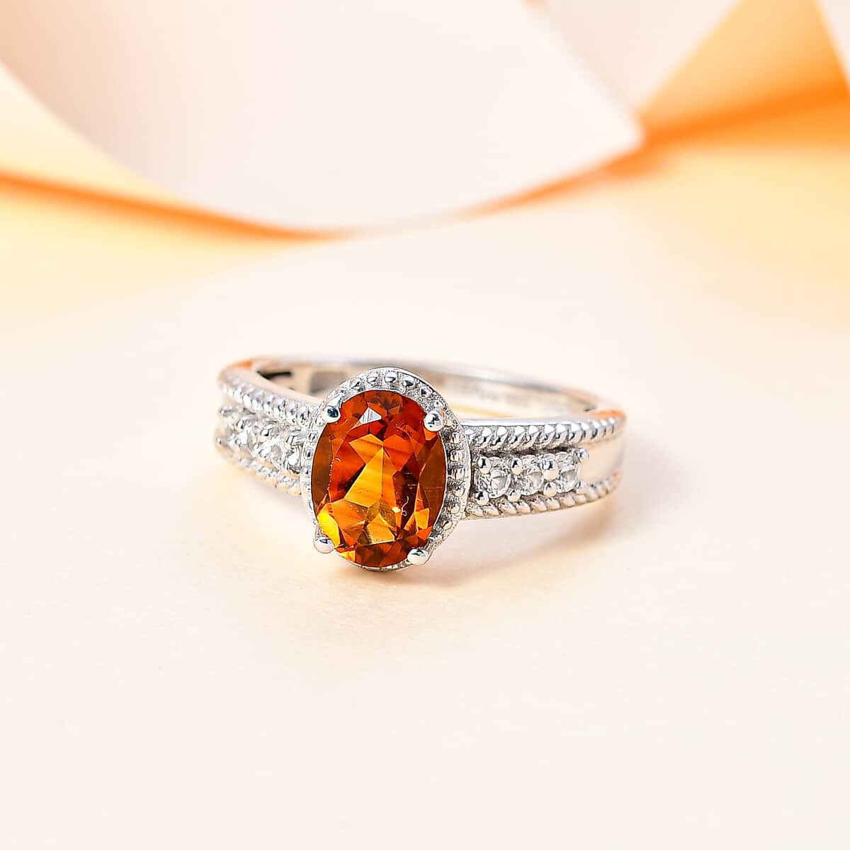 Santa Ana Madeira Citrine and White Zircon 1.30 ctw Elegance Ring in Rhodium Over Sterling Silver (Size 6.0) image number 1