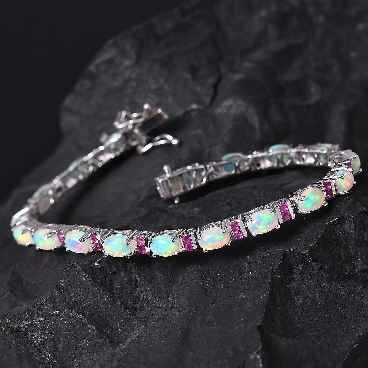 Premium Ethiopian Welo Opal and Niassa Ruby (FF) Bracelet in Platinum Over Sterling Silver (6.50 In) 7.90 ctw image number 1
