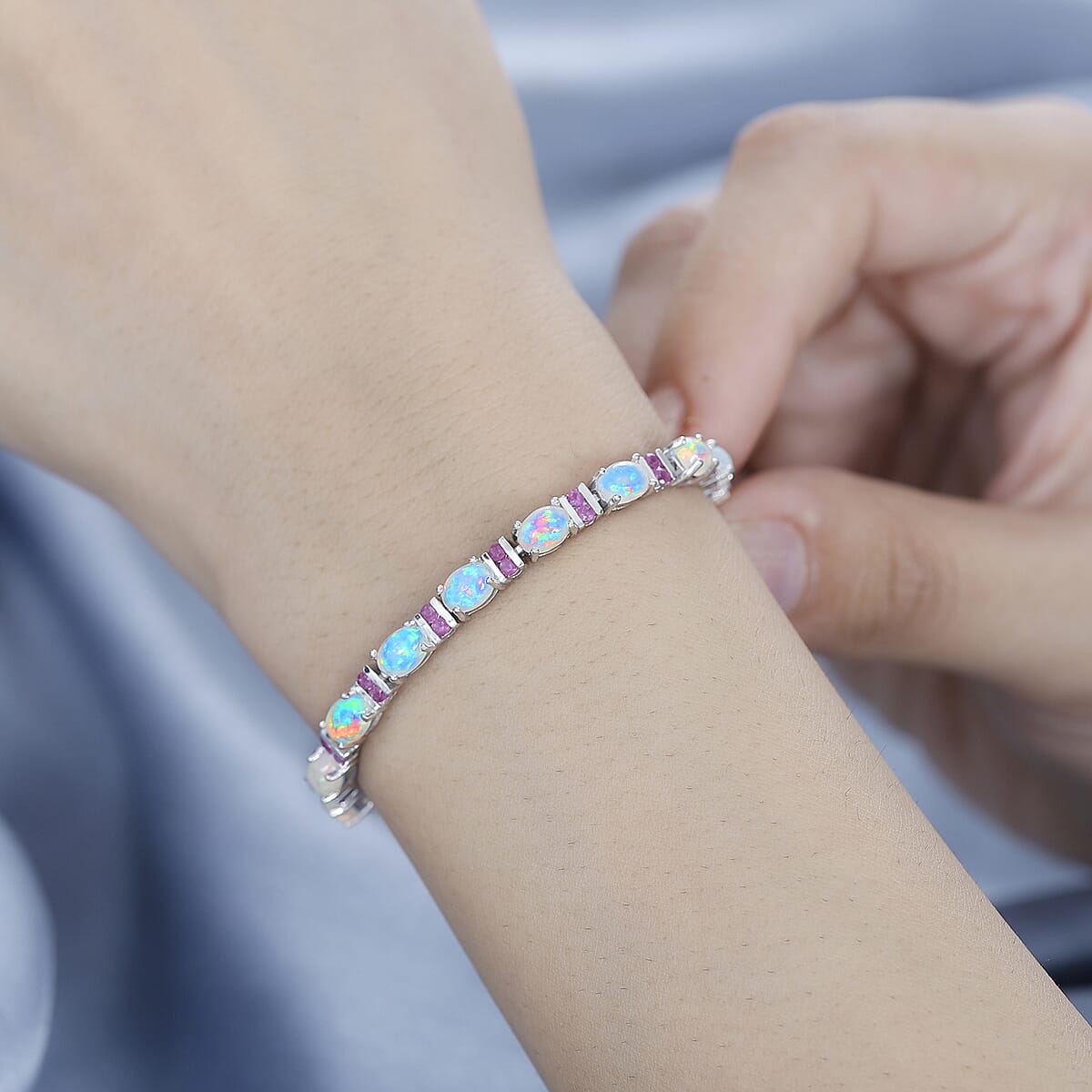 Premium Ethiopian Welo Opal and Niassa Ruby (FF) Bracelet in Platinum Over Sterling Silver (6.50 In) 7.90 ctw image number 2