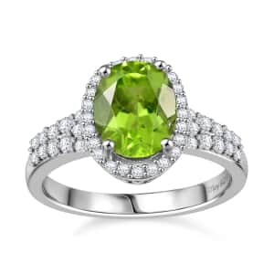 Hebei Peridot and White Zircon 2.60 ctw Ring in Platinum Over Sterling Silver (Size 10.0)