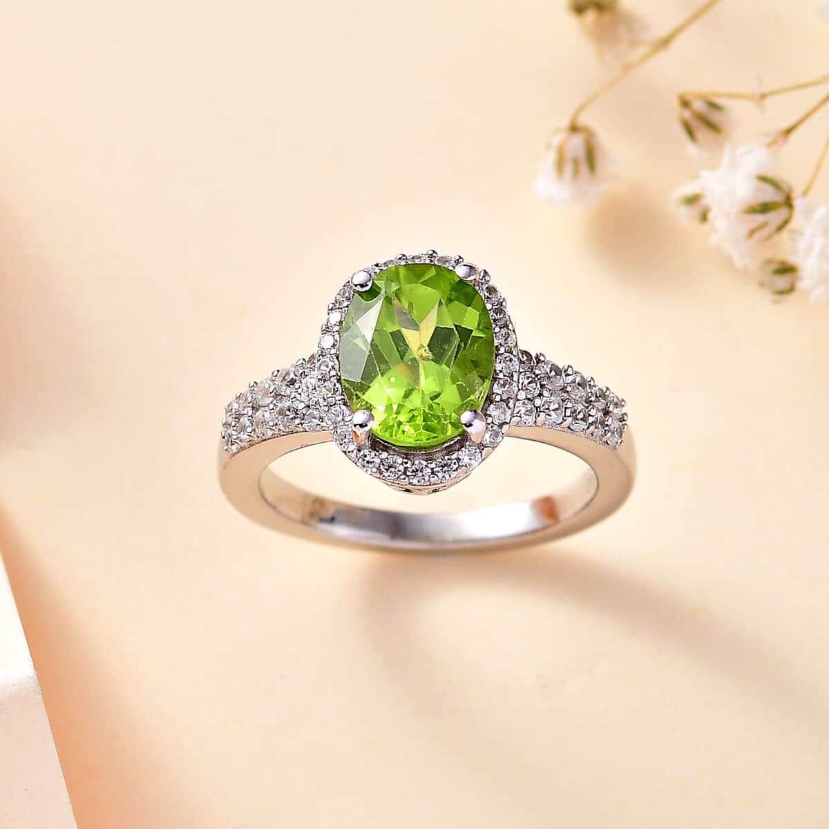 Peridot, White Zircon Ring in Platinum Over Sterling Silver (Size 10.0) 2.60 ctw image number 1