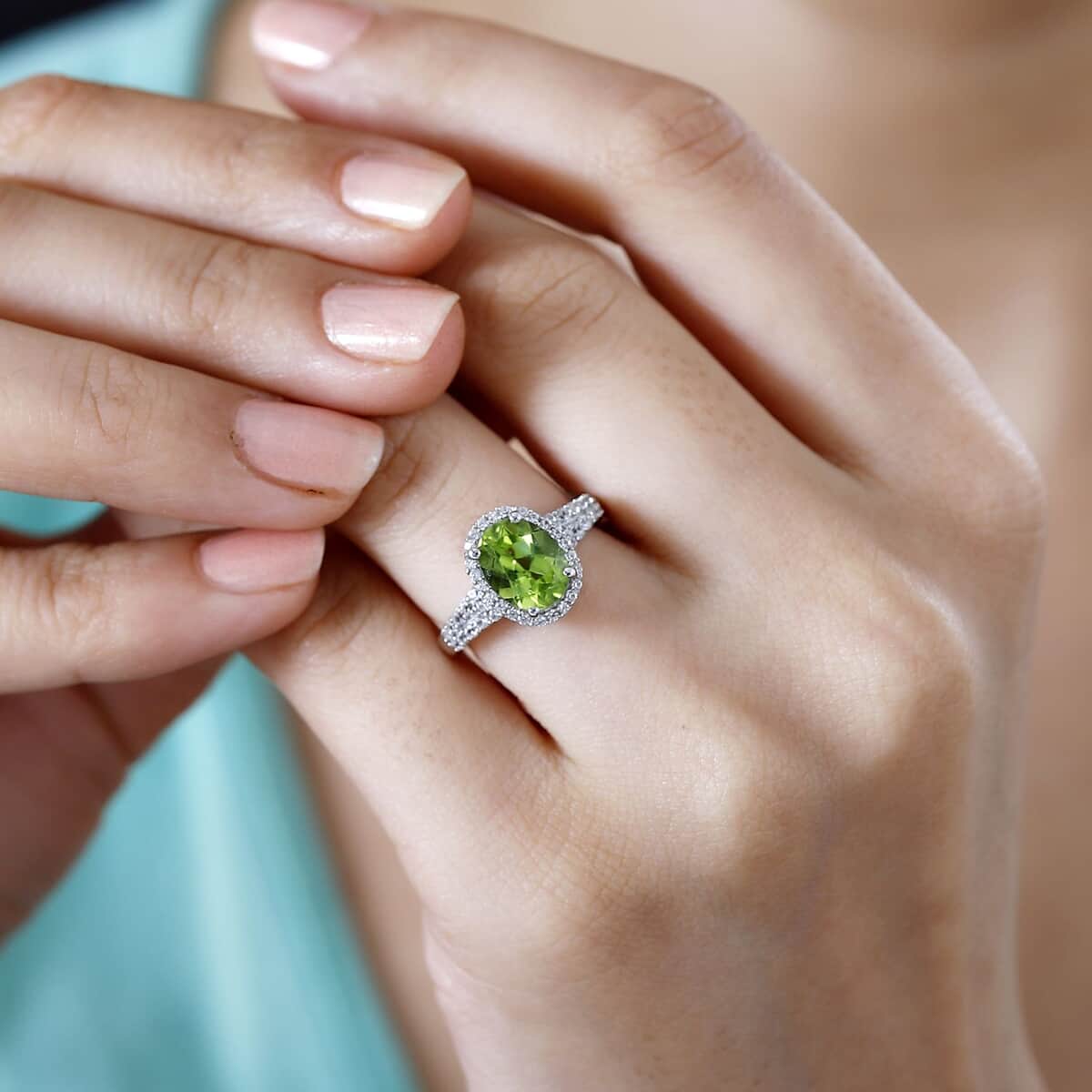 Peridot, White Zircon Ring in Platinum Over Sterling Silver (Size 10.0) 2.60 ctw image number 2