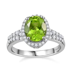 Peridot and White Zircon Ring in Platinum Over Sterling Silver (Size 5.0) 2.60 ctw