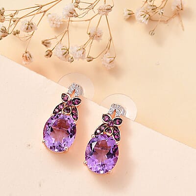 African Amethyst and Multi Gemstone Earrings in Vermeil Rose Gold Over Sterling Silver 9.70 ctw