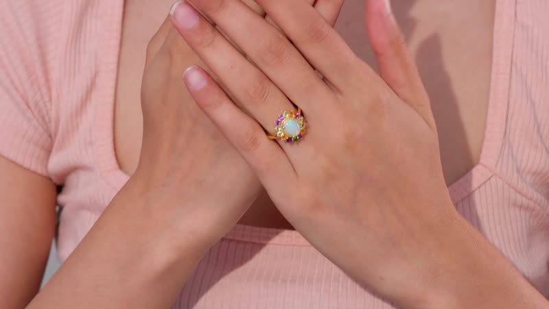 Premium Ethiopian Welo Opal, Multi Gemstone Floral Ring in Vermeil YG Over Sterling Silver (Size 10.0) 2.20 ctw