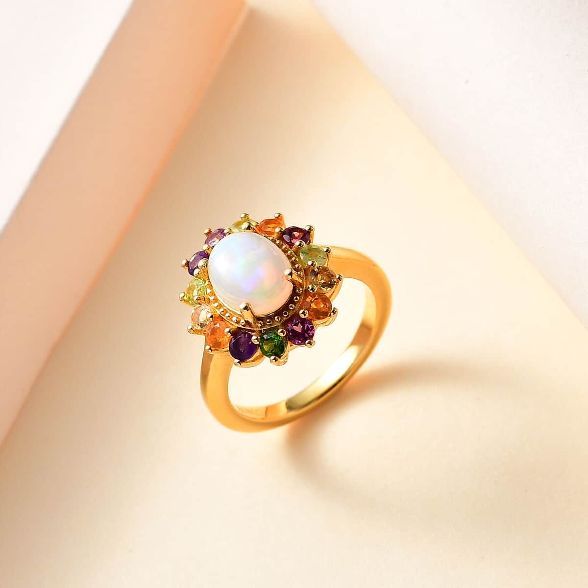 Premium Ethiopian Welo Opal and Multi Gemstone Daisy Floral Ring in Vermeil Yellow Gold Over Sterling Silver (Size 10.0) 2.20 ctw image number 1