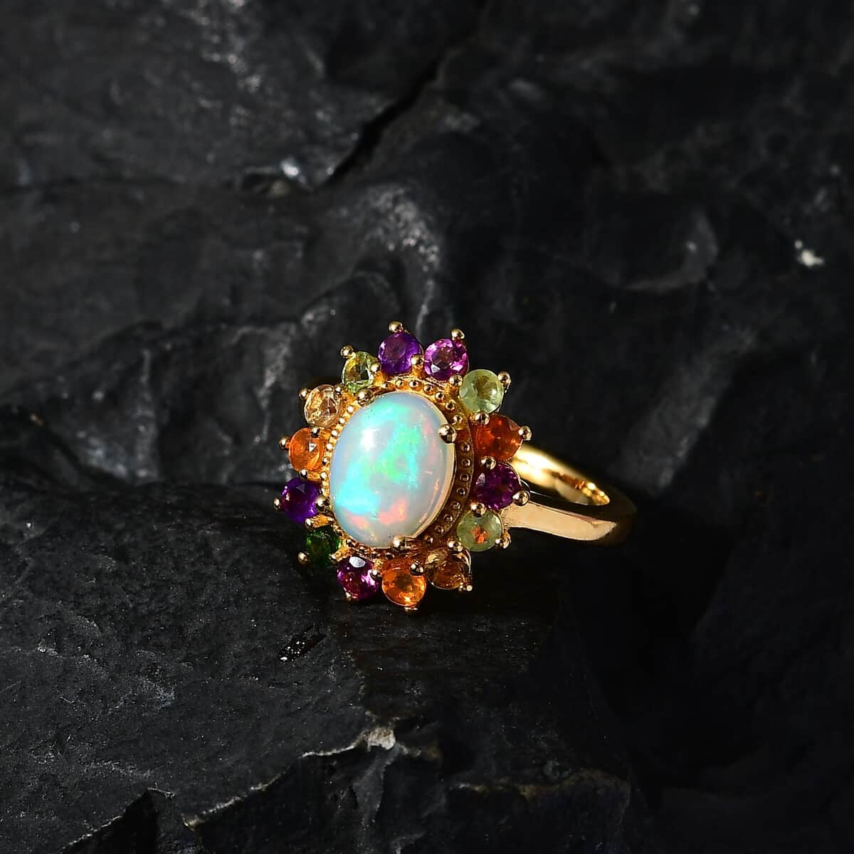 Premium Ethiopian Welo Opal and Multi Gemstone Daisy Floral Ring in Vermeil Yellow Gold Over Sterling Silver (Size 10.0) 2.20 ctw image number 2