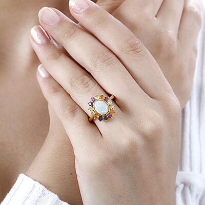 Premium Ethiopian Welo Opal and Multi Gemstone Daisy Floral Ring in Vermeil Yellow Gold Over Sterling Silver (Size 10.0) 2.20 ctw