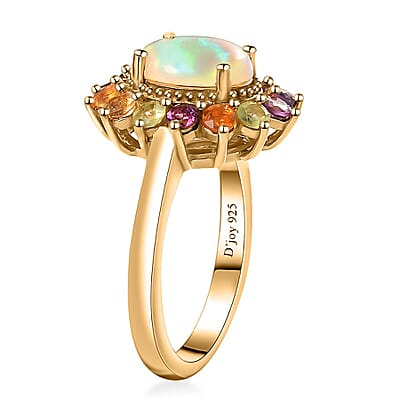 Premium Ethiopian Welo Opal and Multi Gemstone Daisy Floral Ring in Vermeil Yellow Gold Over Sterling Silver (Size 10.0) 2.20 ctw